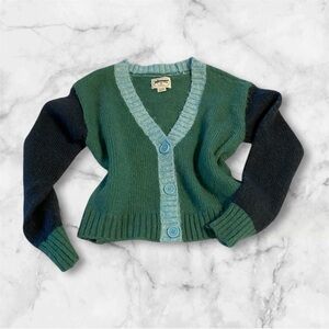 AE Color‎ Block Green and Blue V-Neck Cardigan Grandpa Sweater Size XS/S